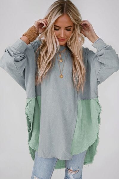 Gray Contrast Texture Round Neck Long Sleeve Blouse