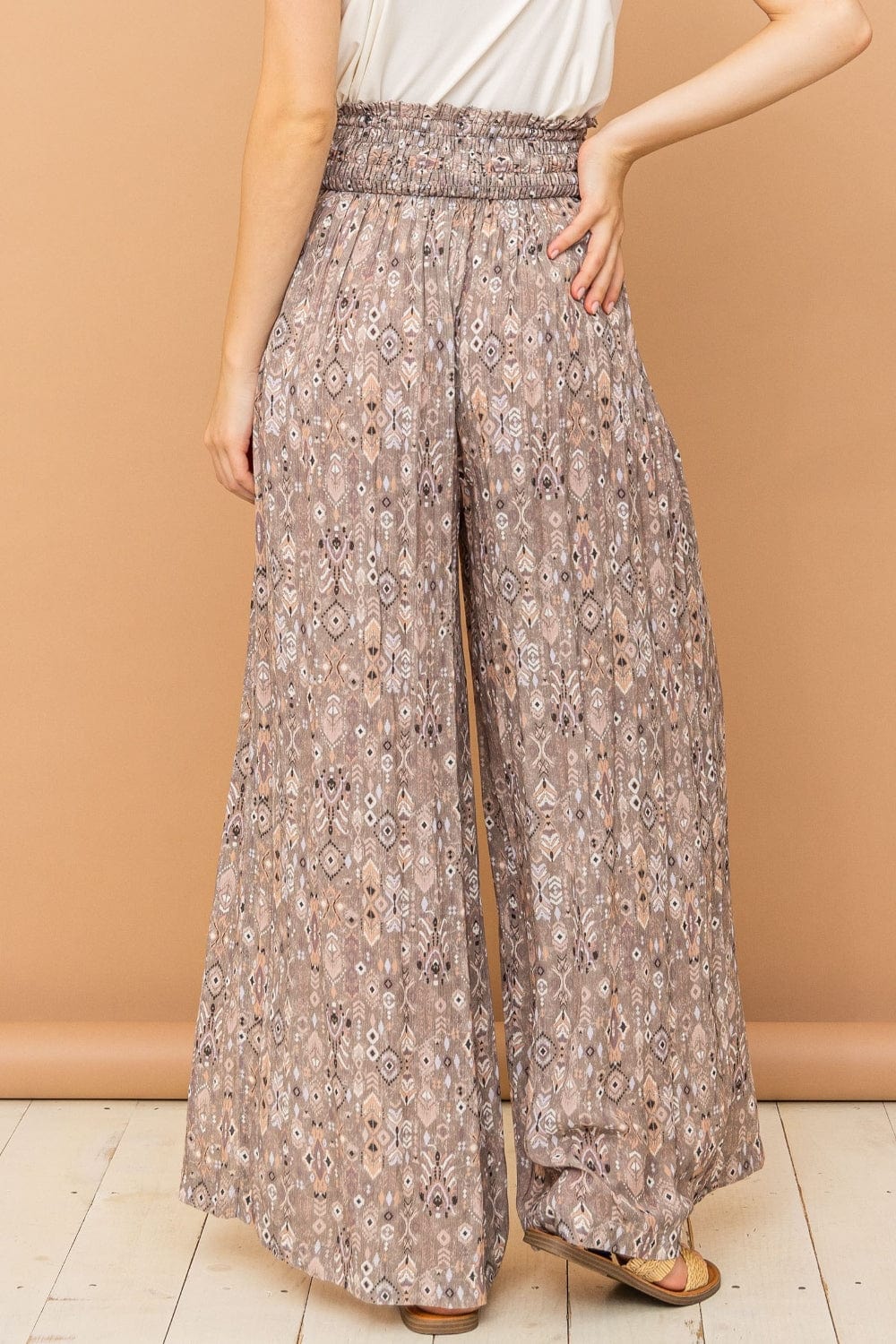 Tan And The Why Printed Smocked Waist Slit Wide Leg Pants