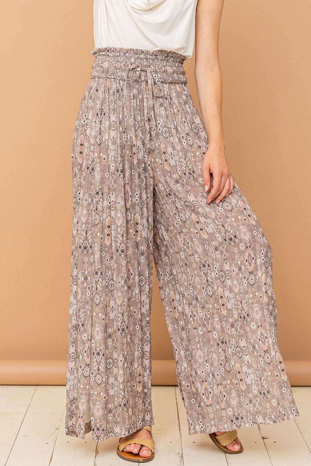 Tan And The Why Printed Smocked Waist Slit Wide Leg Pants