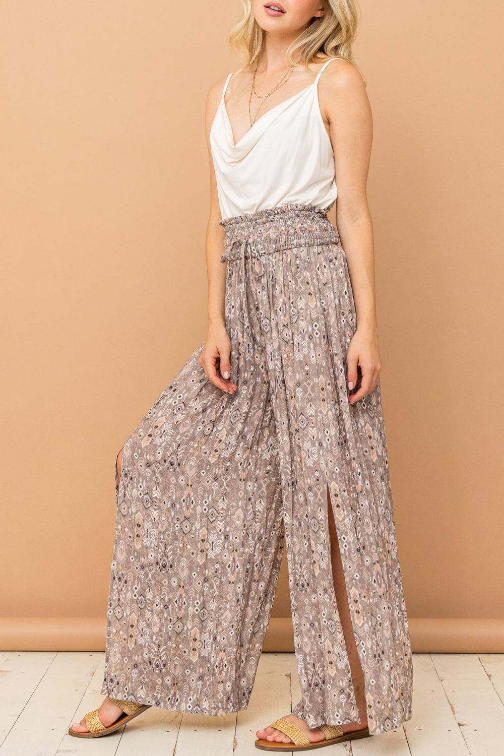 Tan And The Why Printed Smocked Waist Slit Wide Leg Pants