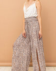 Tan And The Why Printed Smocked Waist Slit Wide Leg Pants