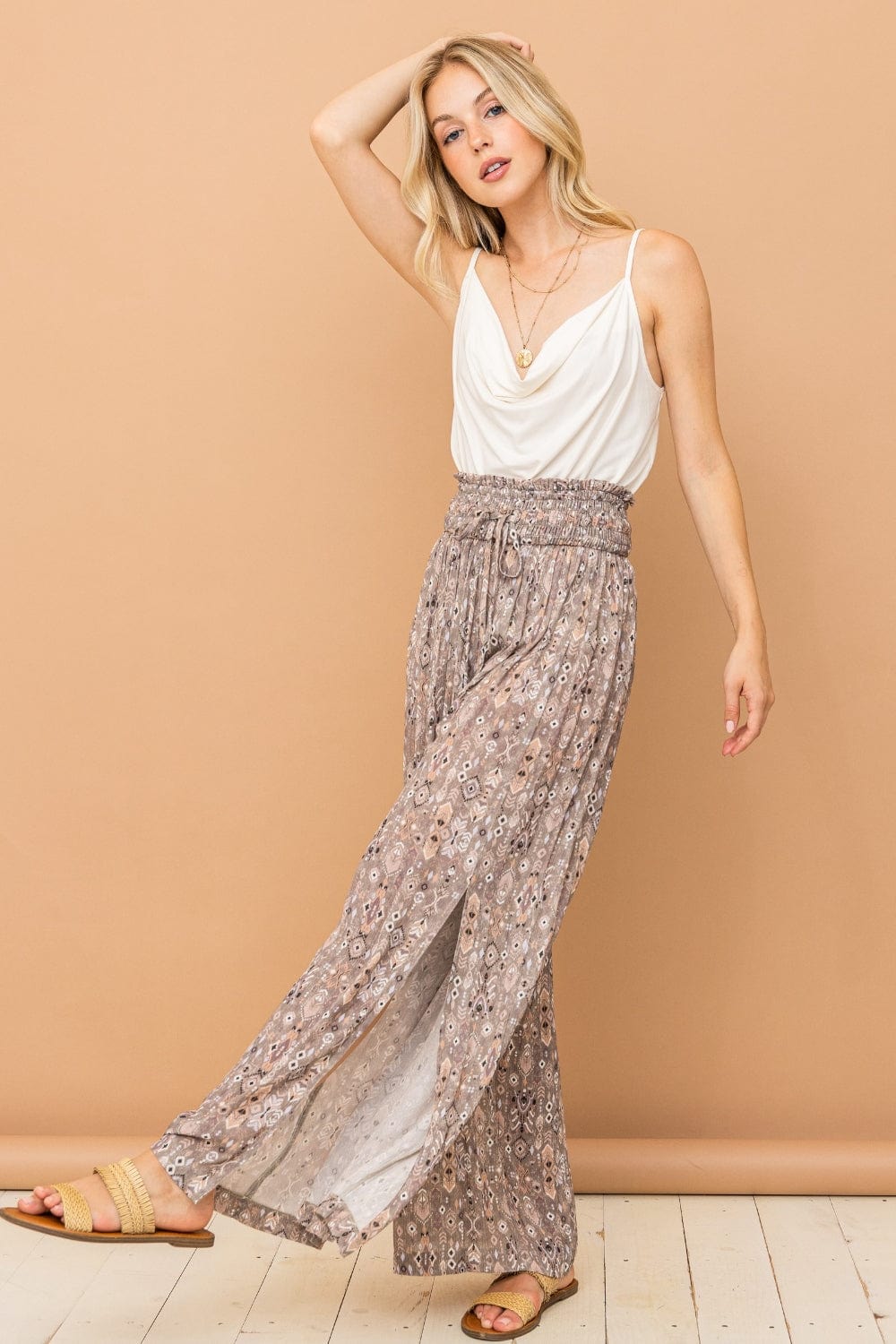 Tan And The Why Printed Smocked Waist Slit Wide Leg Pants