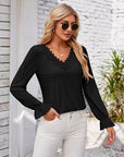 Gray Applique V-Neck Flounce Sleeve T-Shirt