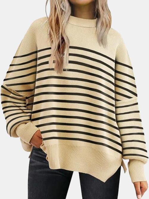 Light Gray Round Neck Drop Shoulder Slit Sweater