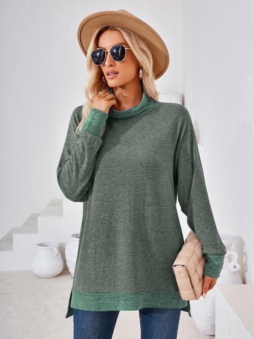 Light Gray Contrast Mock Neck Long Sleeve T-Shirt