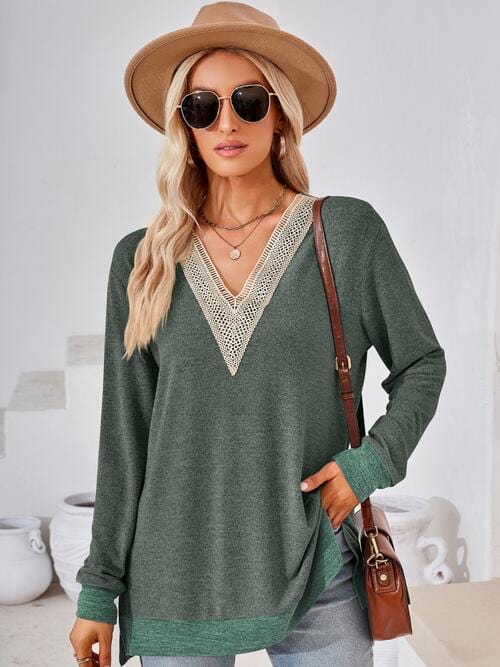 Dark Slate Gray Crochet Contrast V-Neck Long Sleeve Slit T-Shirt