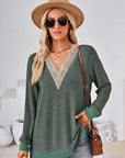 Dark Slate Gray Crochet Contrast V-Neck Long Sleeve Slit T-Shirt