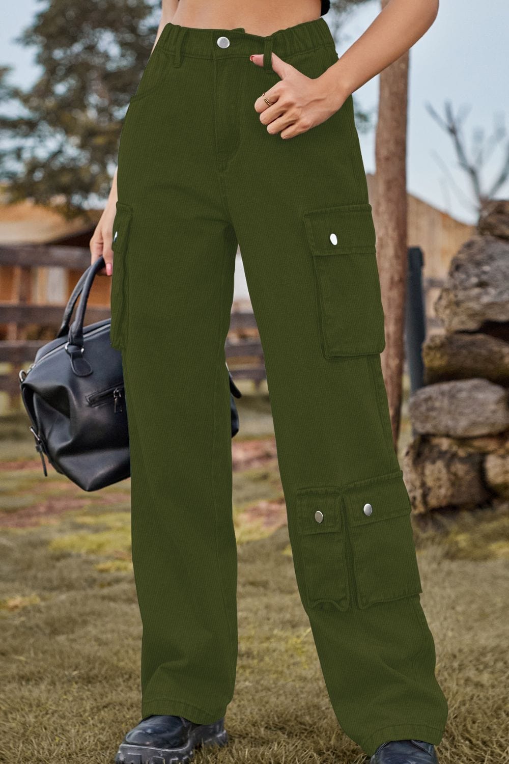 Dark Olive Green Loose Fit Long Jeans with Pockets