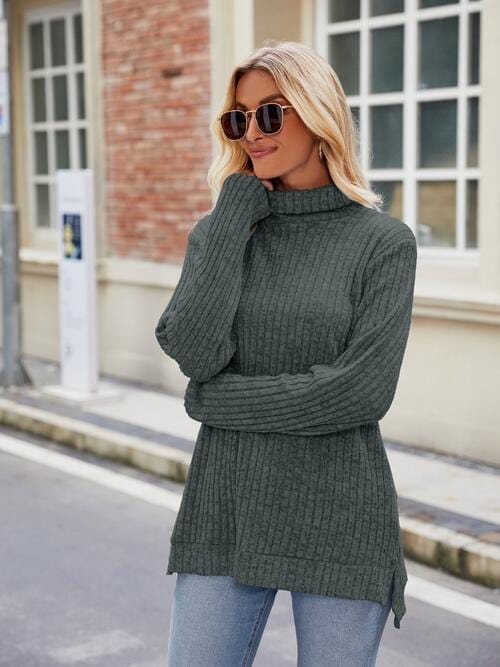 Dark Gray Ribbed Turtleneck Long Sleeve Slit Knit Top