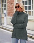 Dark Gray Ribbed Turtleneck Long Sleeve Slit Knit Top