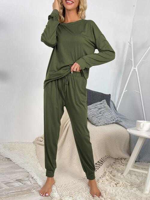 Gray Round Neck Top and Drawstring Pants Lounge Set