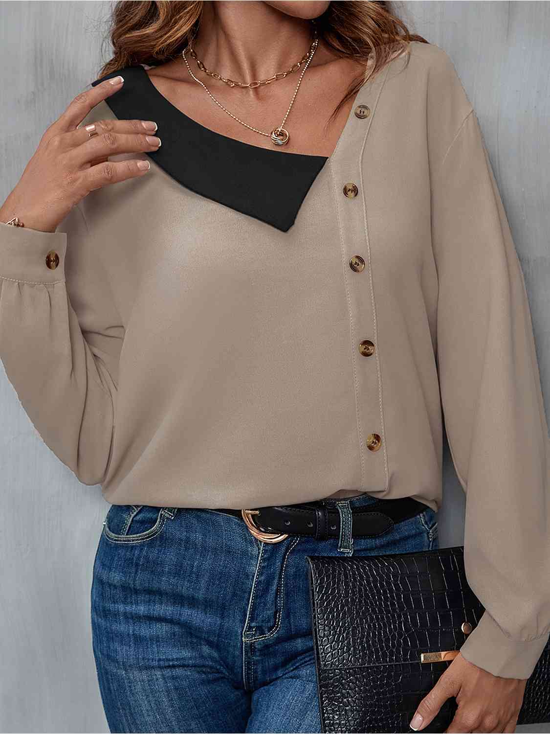 Rosy Brown Asymmetrical Neck Buttoned Long Sleeve Top