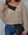 Rosy Brown Asymmetrical Neck Buttoned Long Sleeve Top