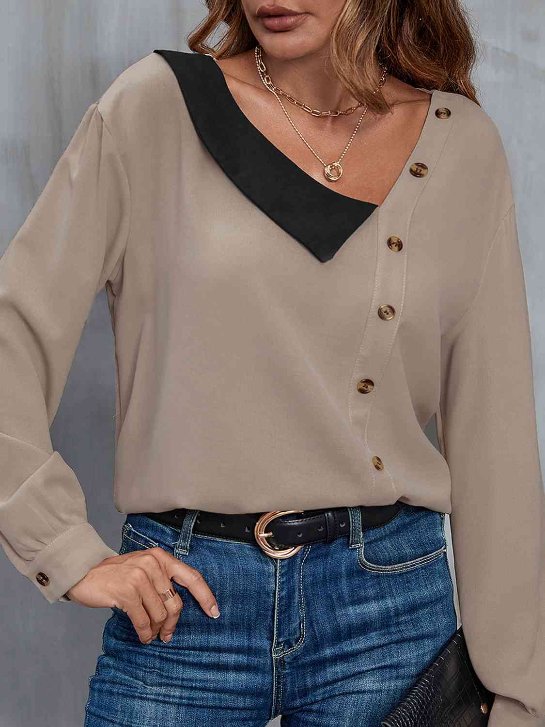 Light Slate Gray Asymmetrical Neck Buttoned Long Sleeve Top