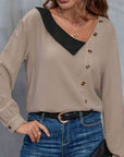 Light Slate Gray Asymmetrical Neck Buttoned Long Sleeve Top