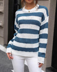 Dark Slate Gray Striped Round Neck Dropped Shoulder Sweater