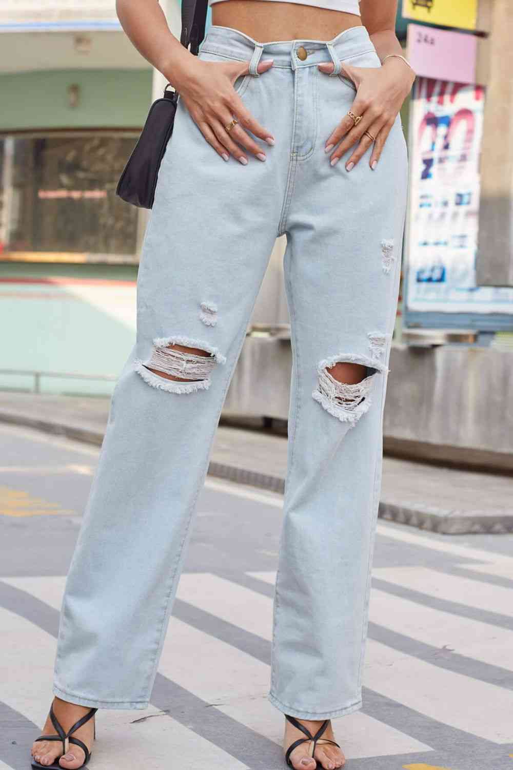 Gray Baeful Distressed Straight Leg Jeans with Pockets