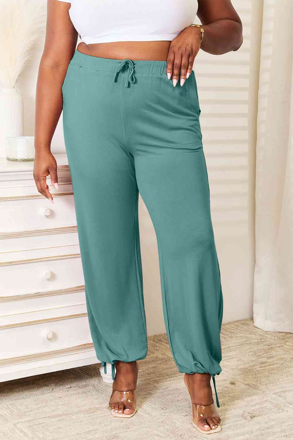 Light Gray Basic Bae Full Size Soft Rayon Drawstring Waist Pants with Pockets