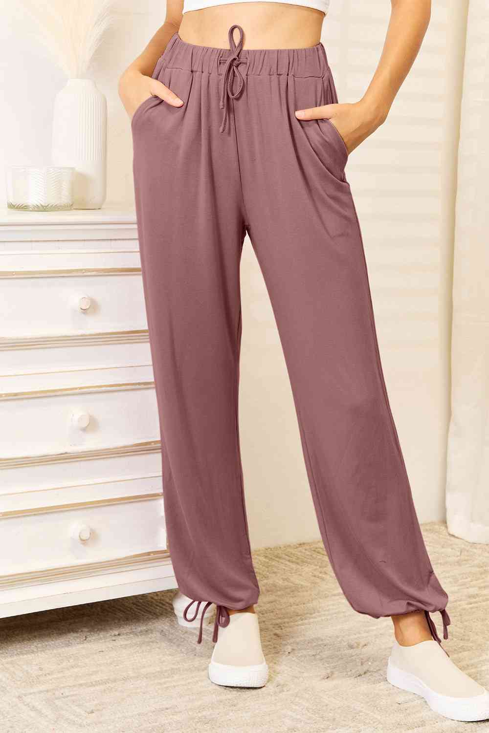 Bisque Basic Bae Full Size Soft Rayon Drawstring Waist Pants with Pockets