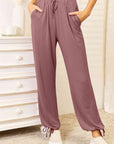 Bisque Basic Bae Full Size Soft Rayon Drawstring Waist Pants with Pockets