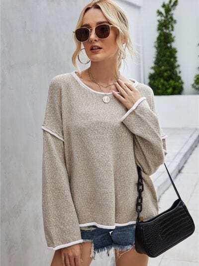 Dark Gray Boat Neck Dropped Shoulder Sweater