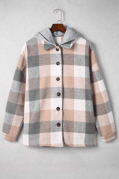 Gray Button Up Plaid Hooded Jacket