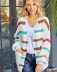 Gray Striped Open Front Dropped Shoulder Cardigan