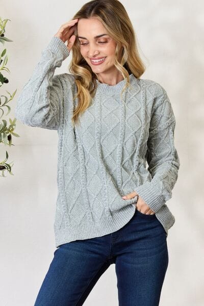 Light Gray BiBi Cable Knit Round Neck Sweater