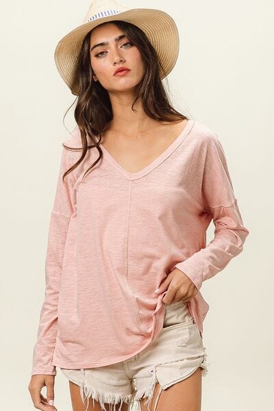 Bisque BiBi Exposed Seam V-Neck Long Sleeve T-Shirt