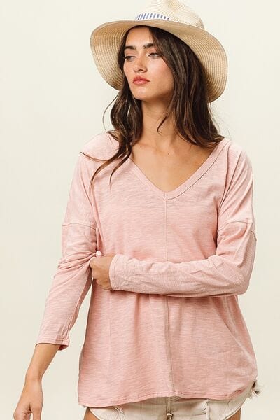 Wheat BiBi Exposed Seam V-Neck Long Sleeve T-Shirt