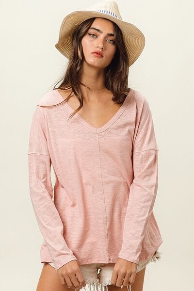 Bisque BiBi Exposed Seam V-Neck Long Sleeve T-Shirt