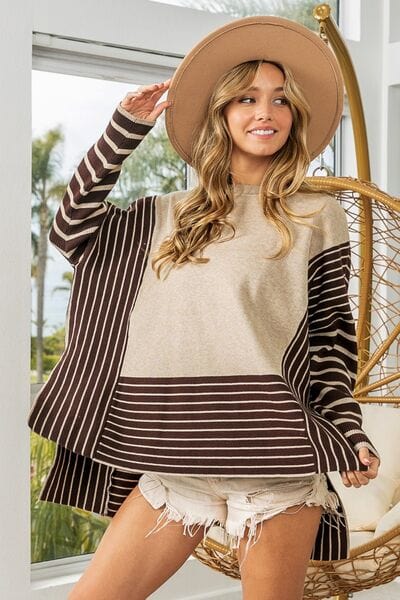 Gray BiBi Striped Contrast Long Sleeve Slit Top