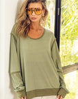 Dark Khaki BiBi Waffle Knit Contrast Trim Long Sleeve T-Shirt