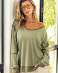 Dark Khaki BiBi Waffle Knit Contrast Trim Long Sleeve T-Shirt