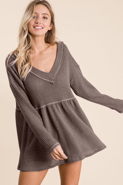 Dark Slate Gray BiBi Waffle Knit V-Neck Babydoll Blouse