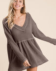 Dark Slate Gray BiBi Waffle Knit V-Neck Babydoll Blouse