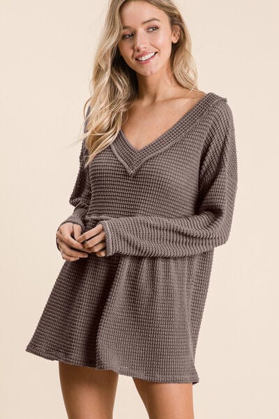 Dark Slate Gray BiBi Waffle Knit V-Neck Babydoll Blouse