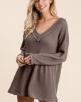 Dark Slate Gray BiBi Waffle Knit V-Neck Babydoll Blouse