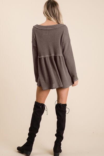 Light Gray BiBi Waffle Knit V-Neck Babydoll Blouse