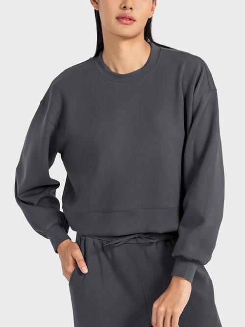 Dark Slate Gray Round Neck Drop Shoulder Sports Top