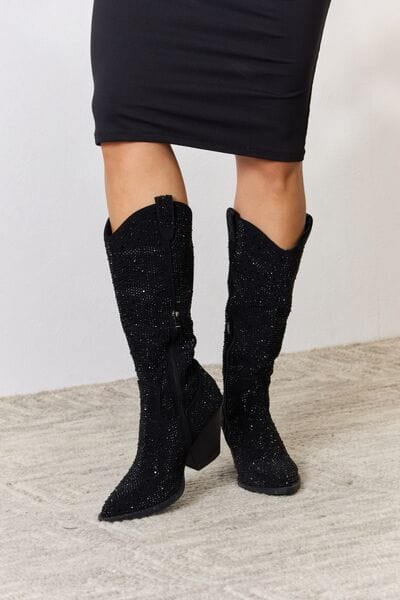 Black Forever Link Rhinestone Knee High Cowboy Boots