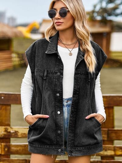 Dark Slate Gray Button Up Collared Neck Sleeveless Denim Jacket