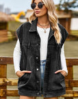 Dark Slate Gray Button Up Collared Neck Sleeveless Denim Jacket