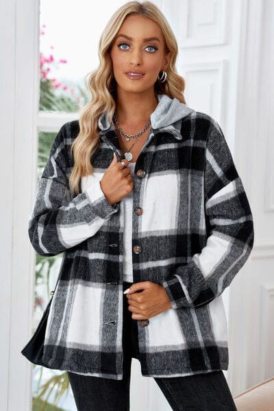 Dark Slate Gray Button Up Plaid Hooded Jacket