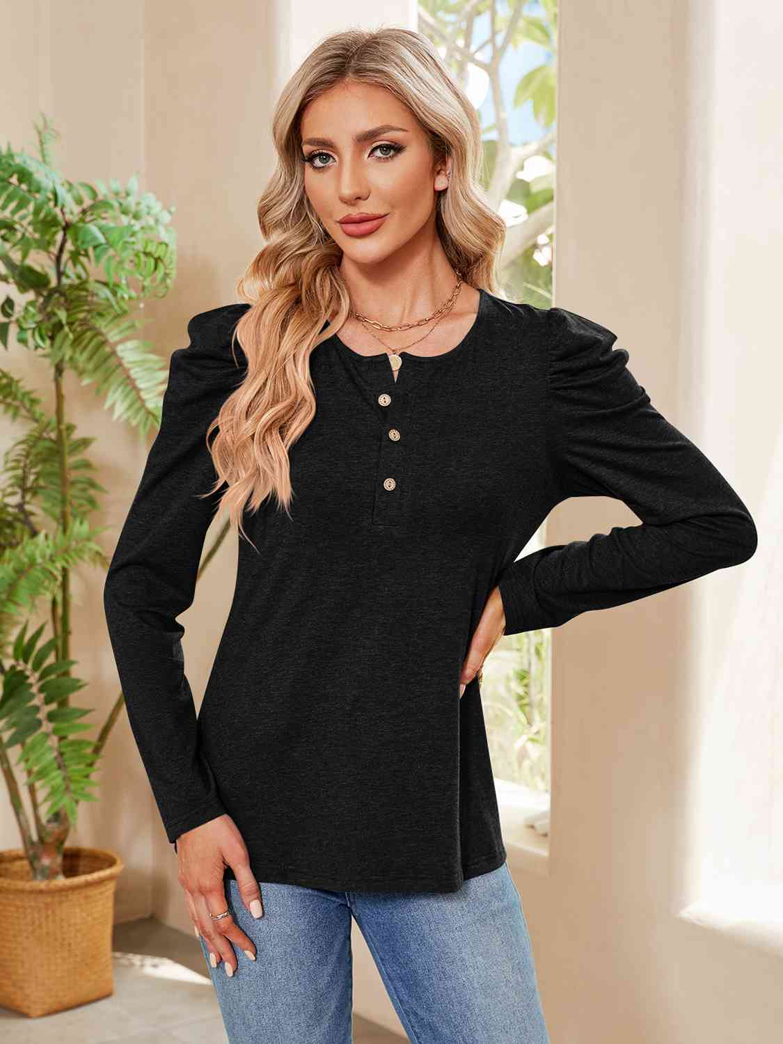 Tan Buttoned Round Neck Puff Sleeve T-Shirt