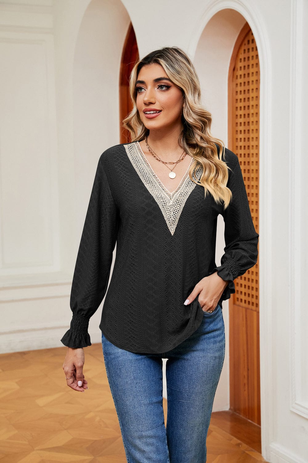 Dark Slate Gray Contrast Flounce Sleeve Blouse