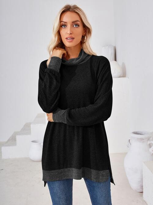 Black Contrast Mock Neck Long Sleeve T-Shirt