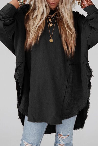 Dark Slate Gray Contrast Texture Round Neck Long Sleeve Blouse