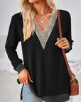 Black Crochet Contrast V-Neck Long Sleeve Slit T-Shirt