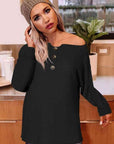 Dark Slate Gray Double Take Buttoned Boat Neck Long Sleeve Blouse